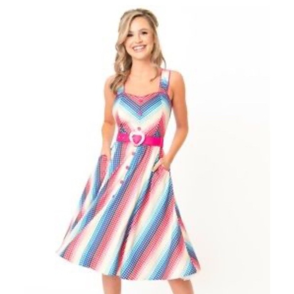 Voodoo Vixen Pinup Dress XL Rainbow Gingham Heart Belt Fit Flare Midi